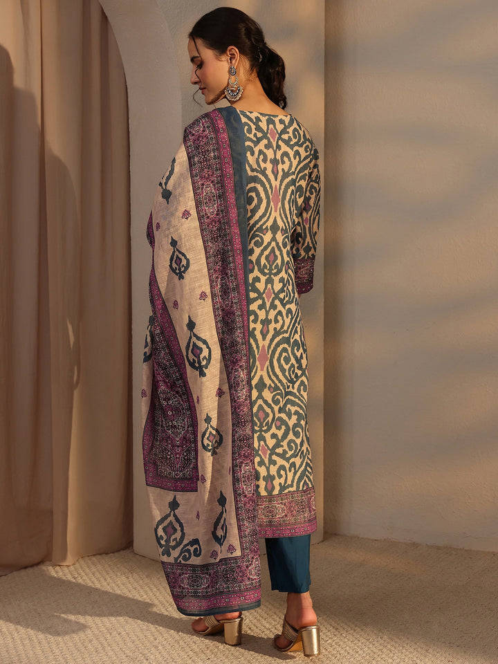 Blue Printed Cotton Blend Straight Suit Set With Dupatta