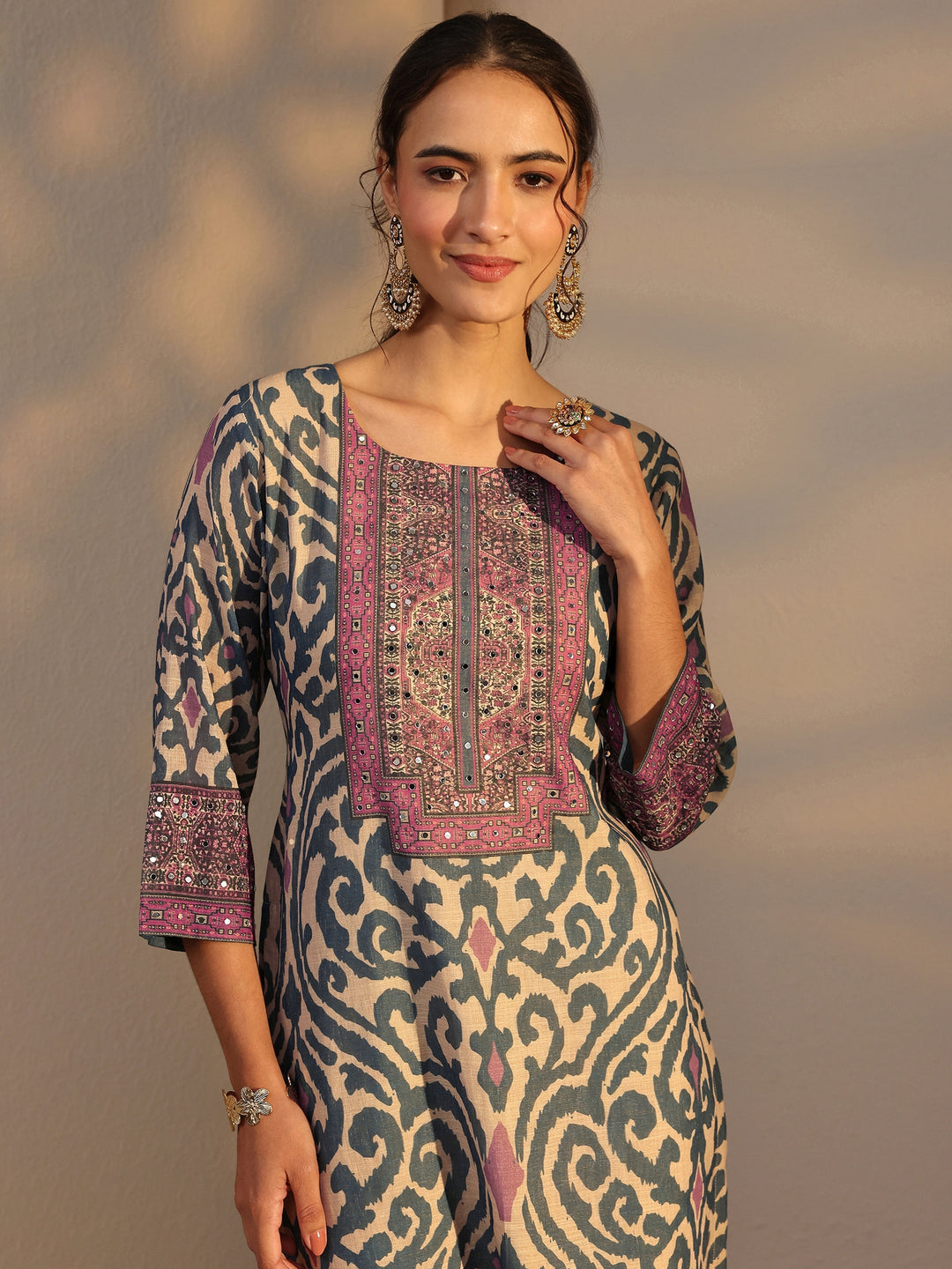 Blue Printed Cotton Blend Straight Suit Set With Dupatta