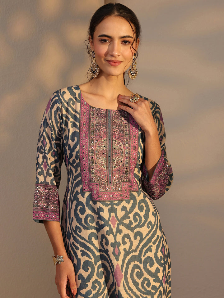 Blue Printed Cotton Blend Straight Suit Set With Dupatta