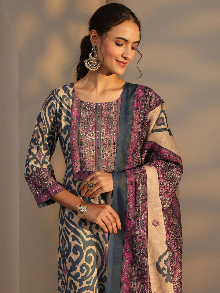 Blue Printed Cotton Blend Straight Suit Set With Dupatta