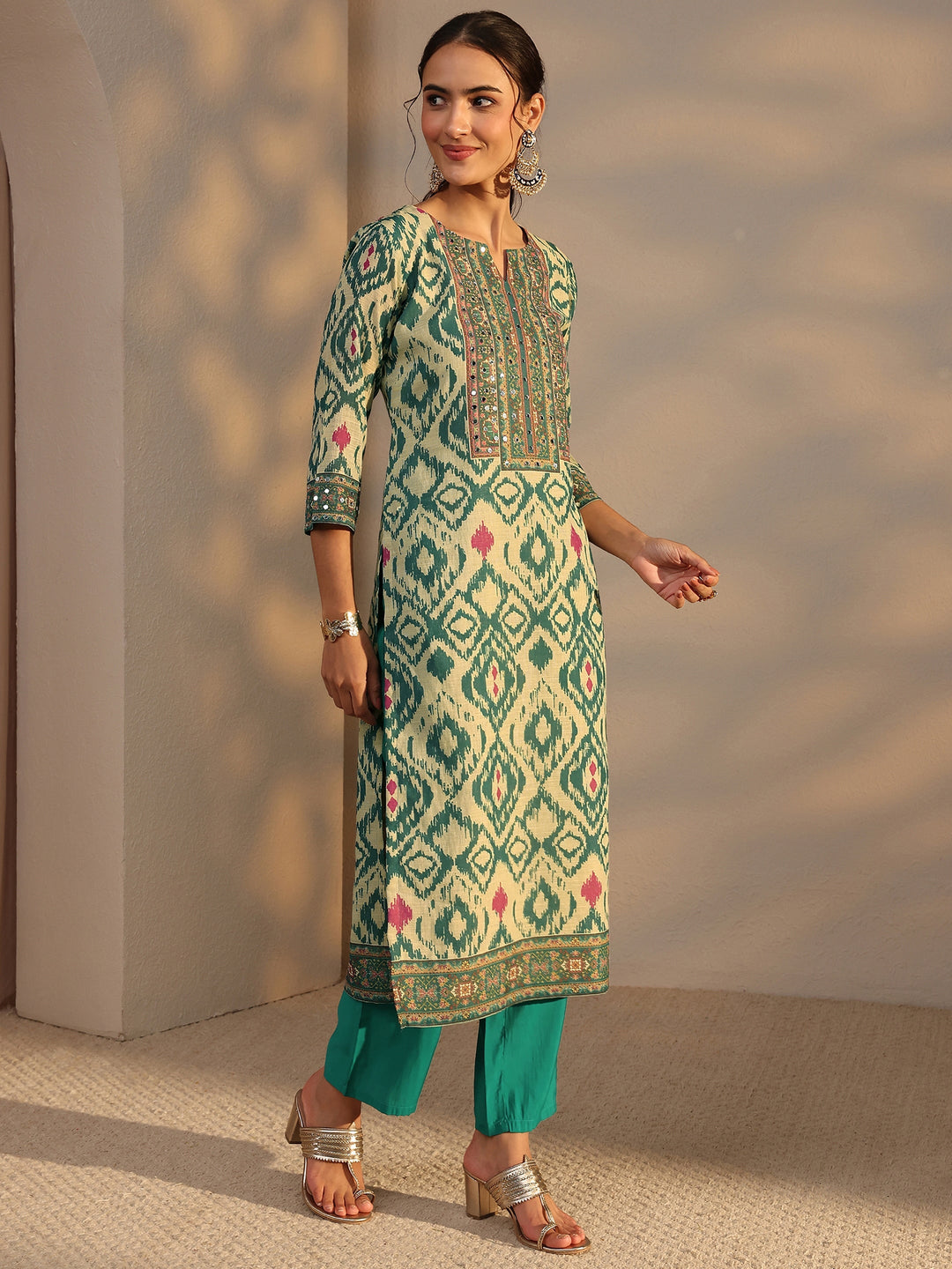 Green Printed Cotton Blend Straight Suit Set With Dupatta