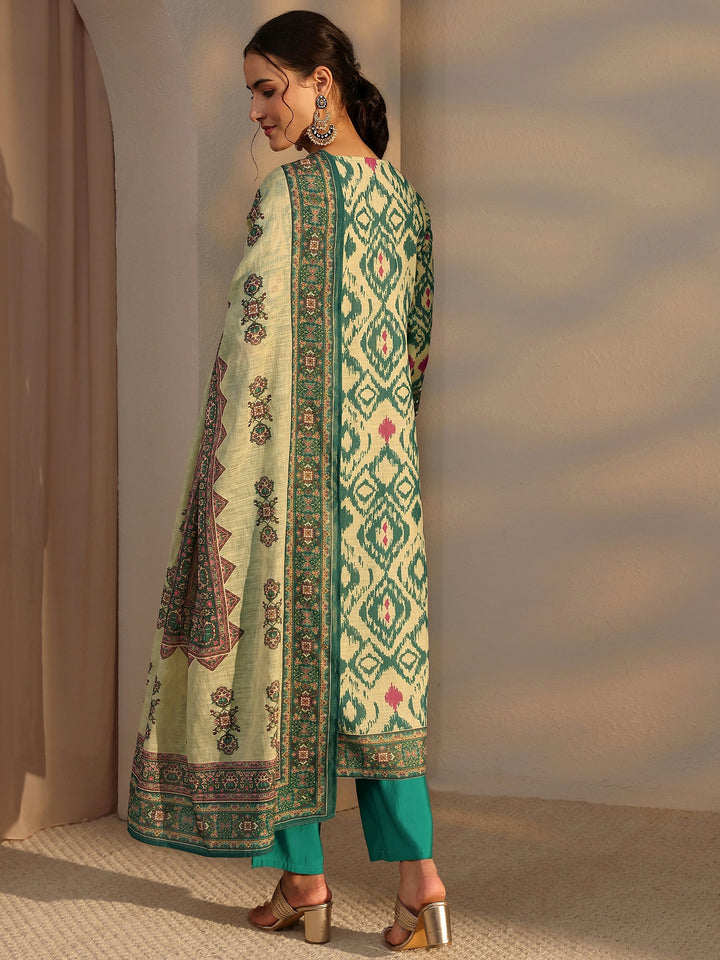 Green Printed Cotton Blend Straight Suit Set With Dupatta