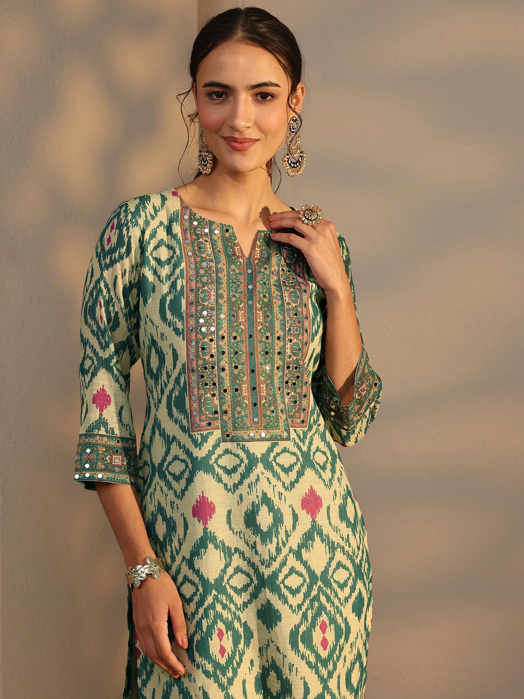 Green Printed Cotton Blend Straight Suit Set With Dupatta