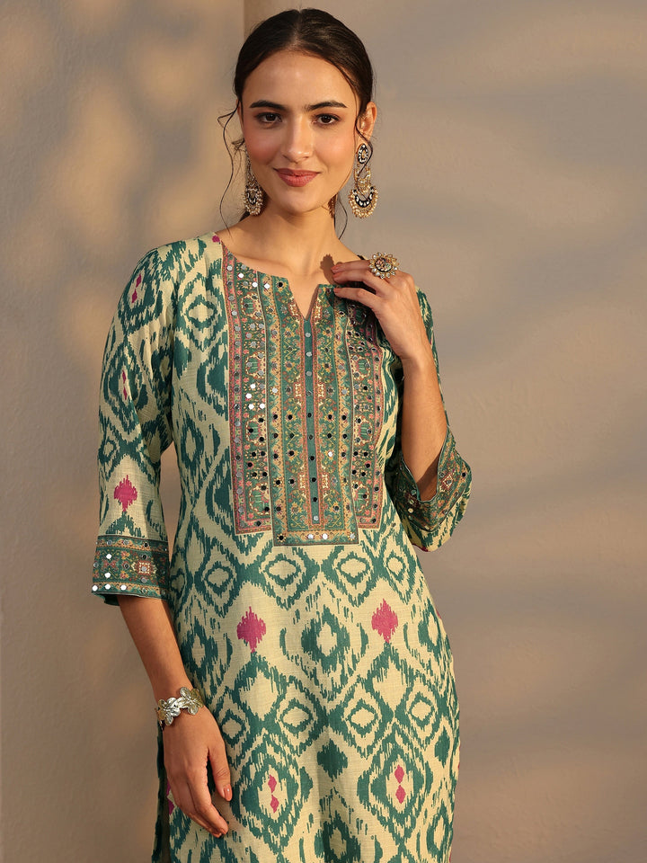 Green Printed Cotton Blend Straight Suit Set With Dupatta