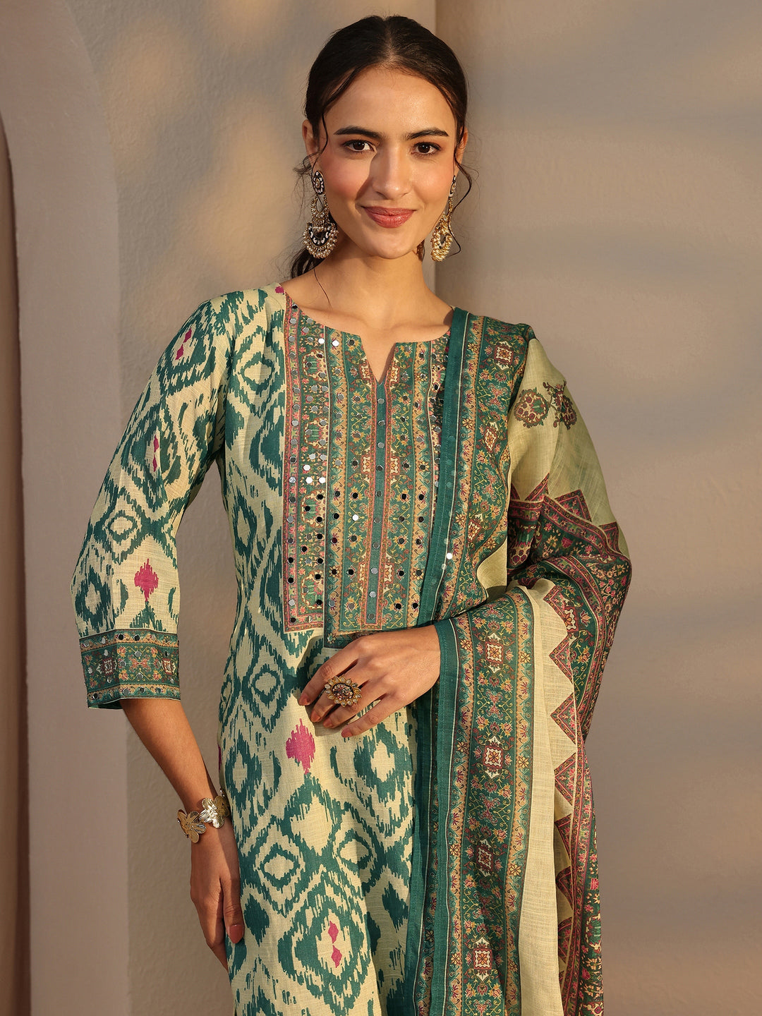 Green Printed Cotton Blend Straight Suit Set With Dupatta