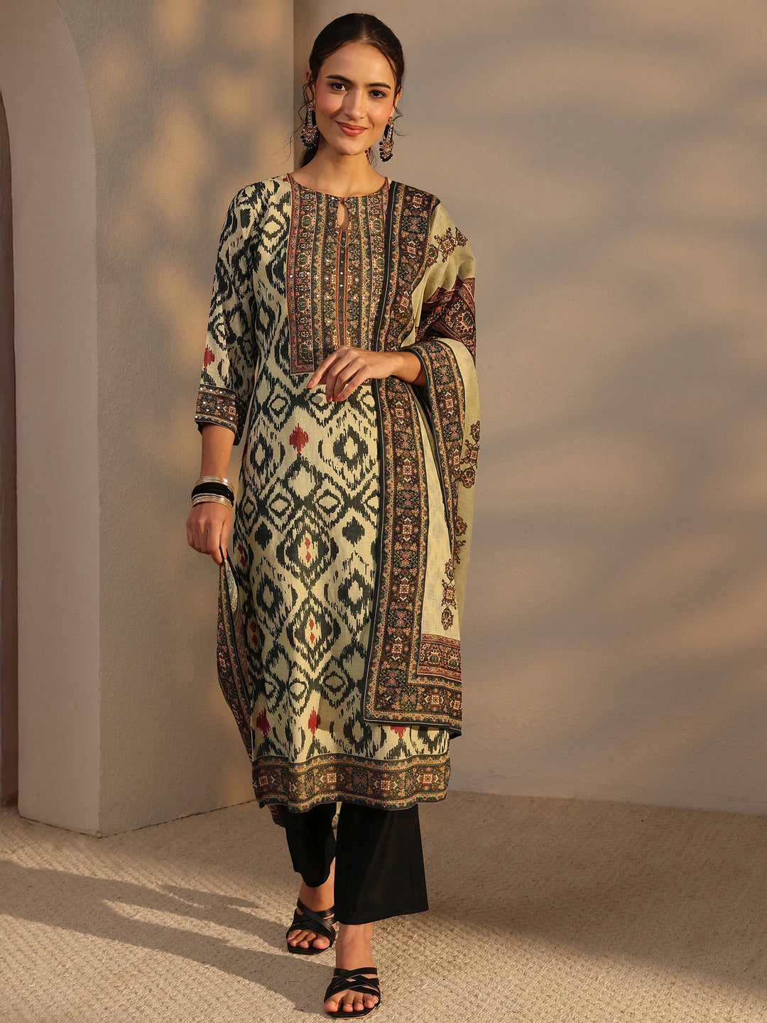 Beige Printed Cotton Blend Straight Suit Set With Dupatta