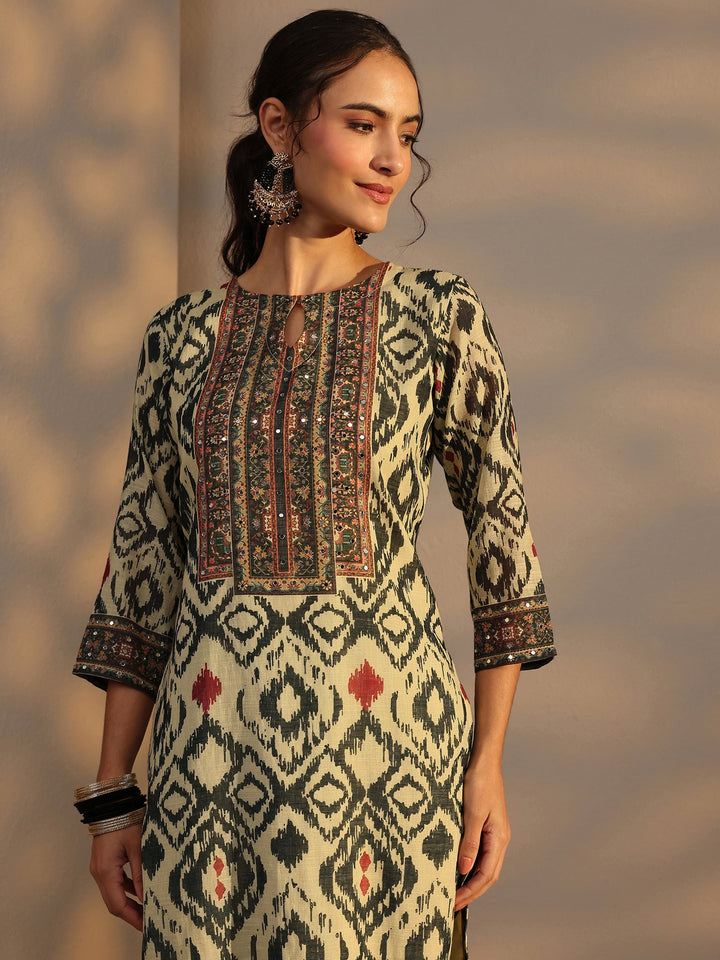 Beige Printed Cotton Blend Straight Suit Set With Dupatta