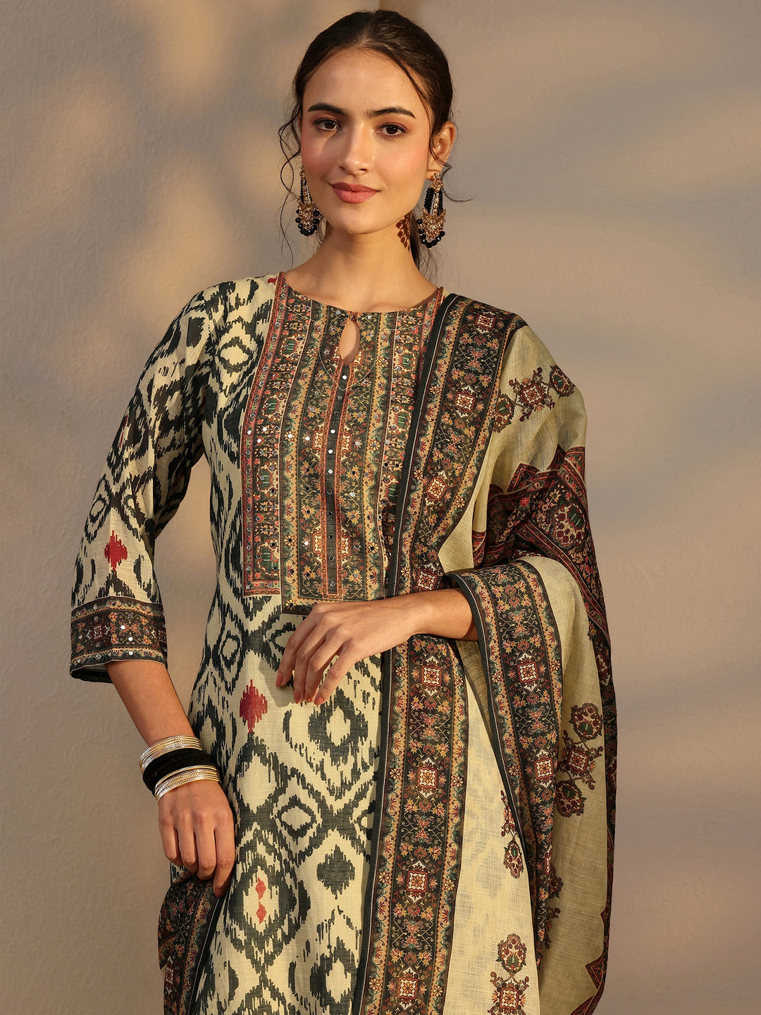 Beige Printed Cotton Blend Straight Suit Set With Dupatta