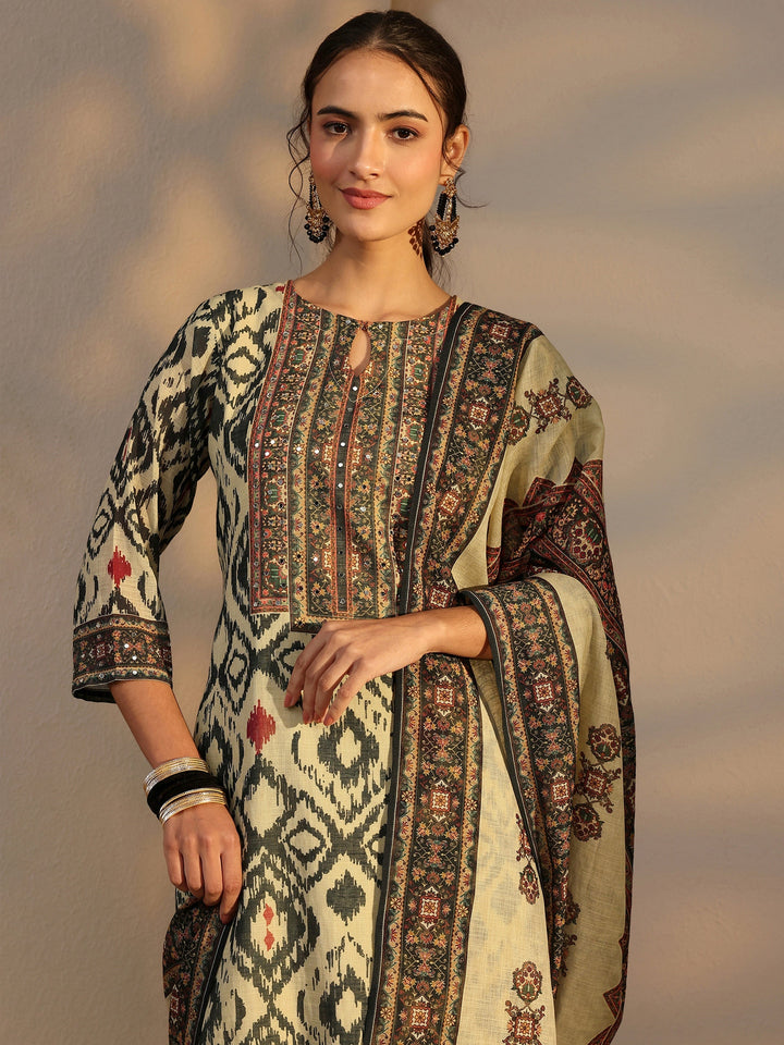 Beige Printed Cotton Blend Straight Suit Set With Dupatta