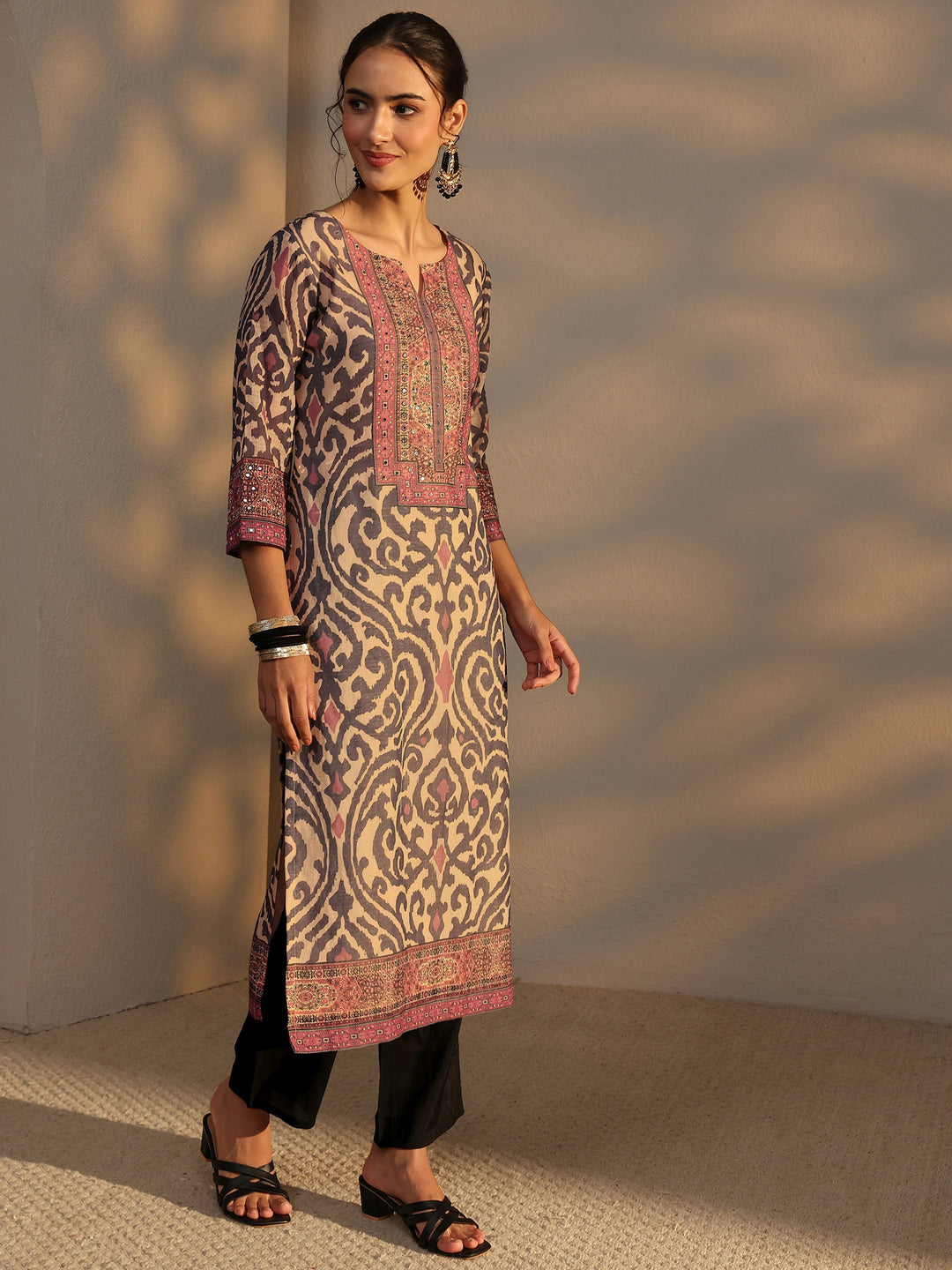 Blue Printed Cotton Blend Straight Suit Set With Dupatta