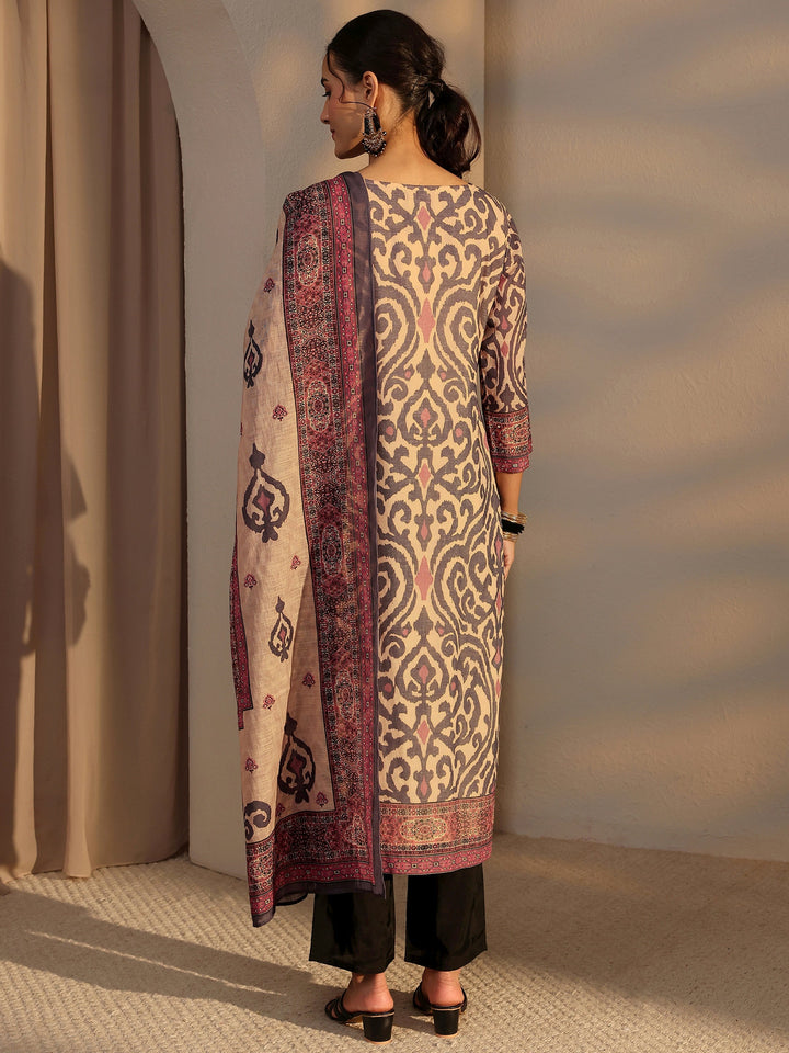 Blue Printed Cotton Blend Straight Suit Set With Dupatta