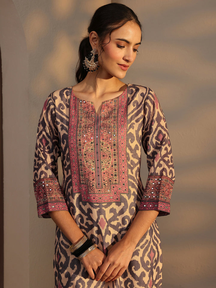 Blue Printed Cotton Blend Straight Suit Set With Dupatta