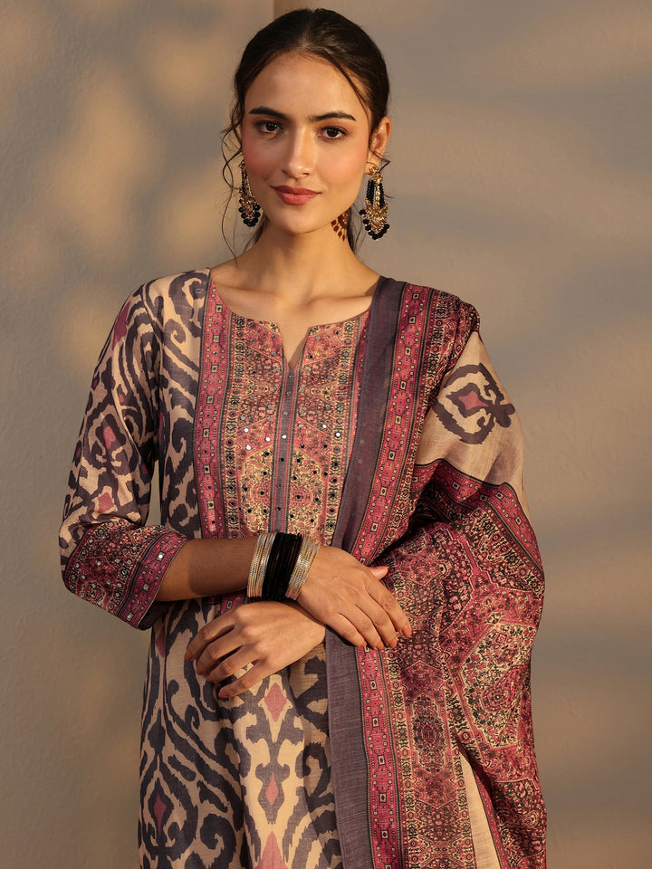 Blue Printed Cotton Blend Straight Suit Set With Dupatta