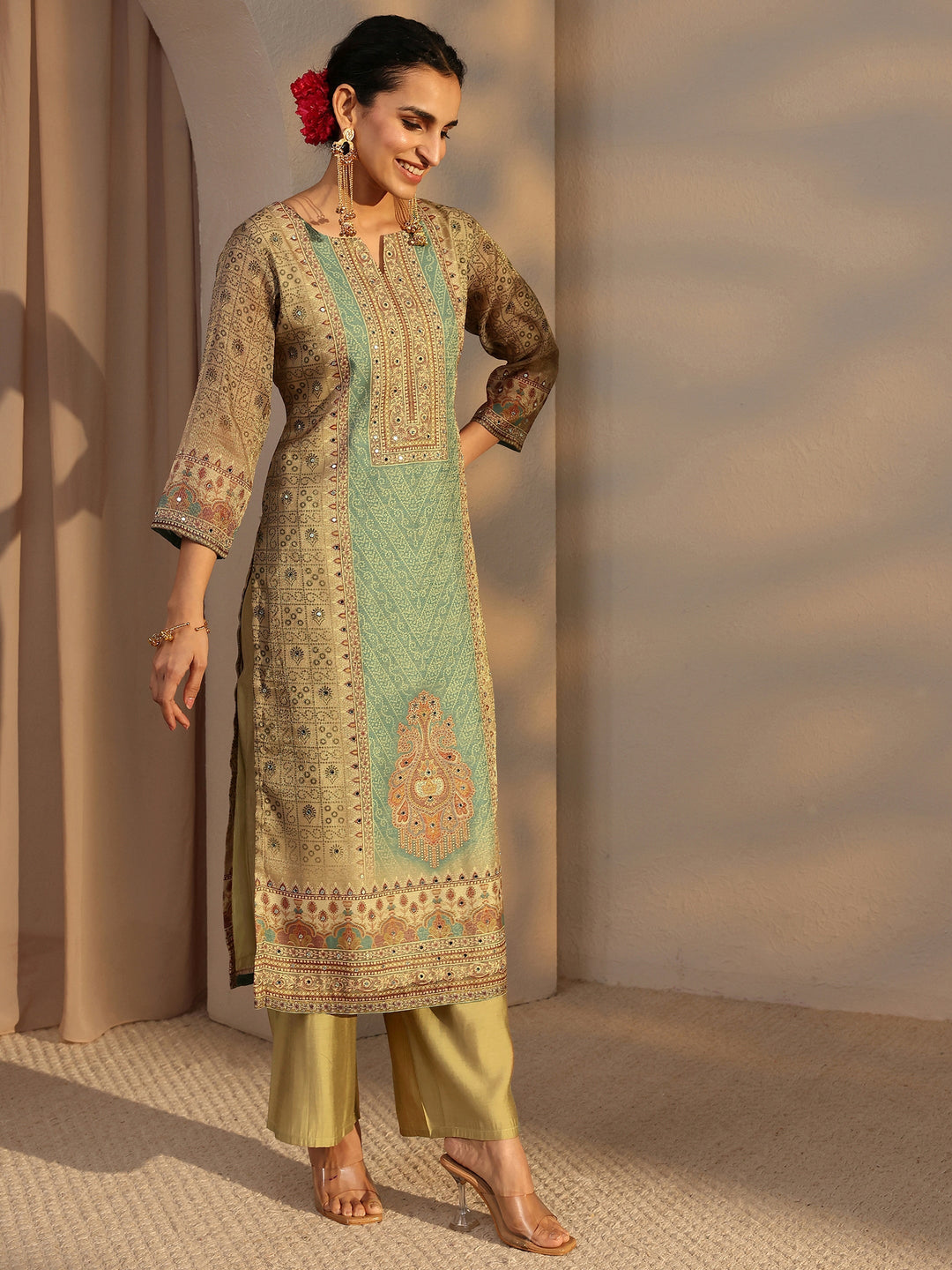 Beige Bandhani Printed Silk Blend Straight Suit Set With Dupatta