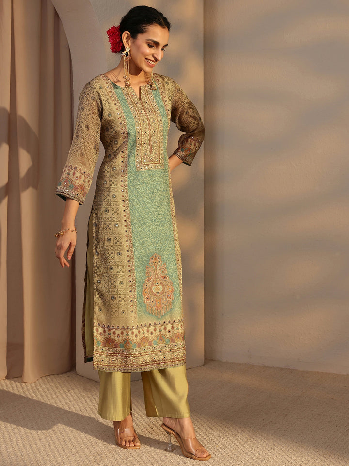 Beige Bandhani Printed Silk Blend Straight Suit Set With Dupatta