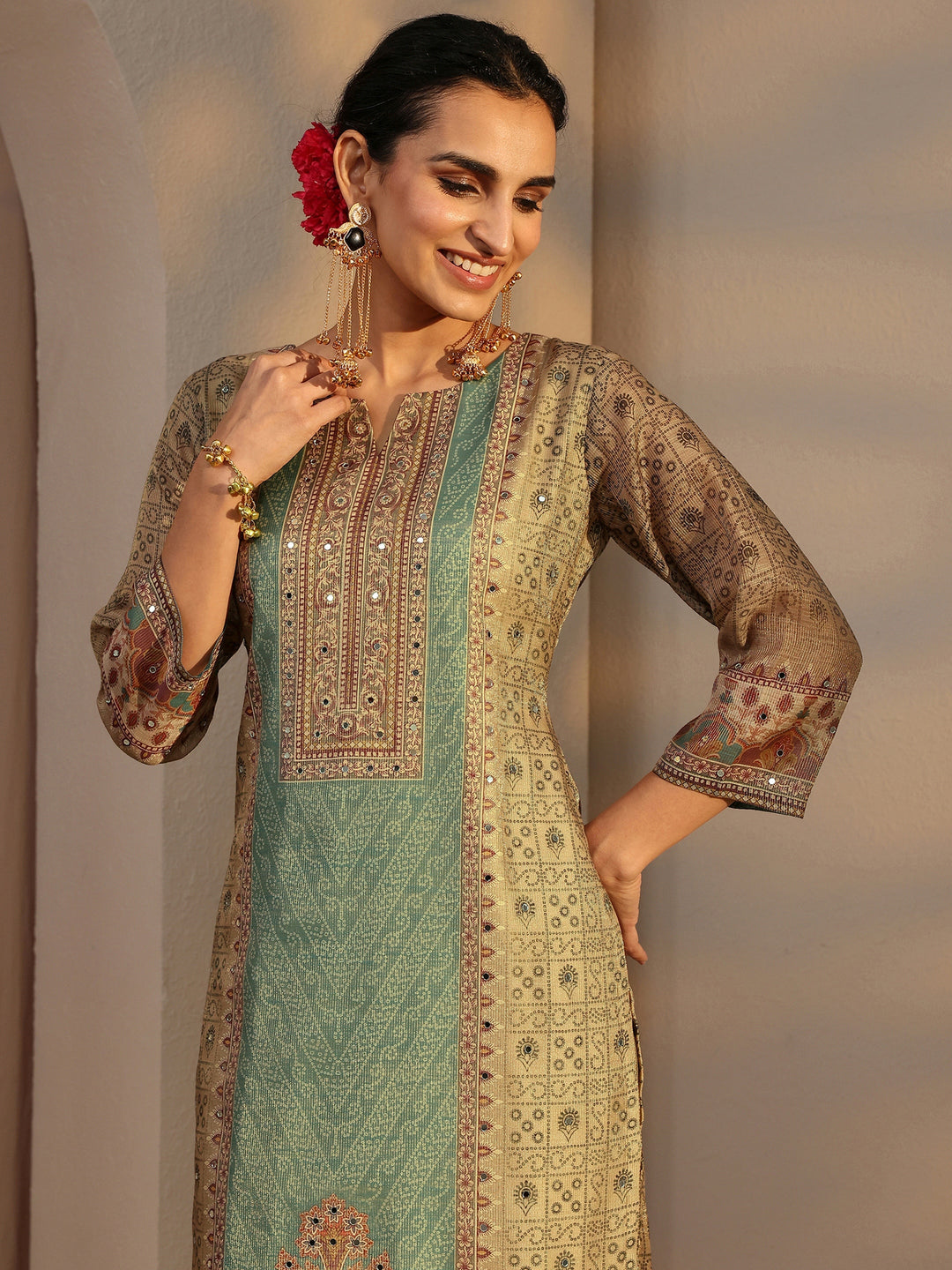 Beige Bandhani Printed Silk Blend Straight Suit Set With Dupatta