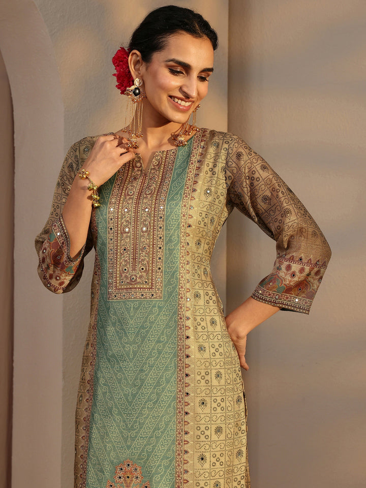 Beige Bandhani Printed Silk Blend Straight Suit Set With Dupatta