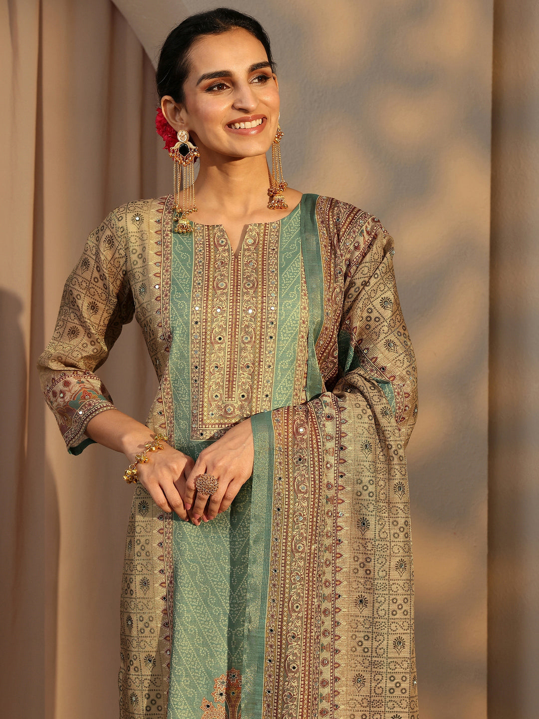 Beige Bandhani Printed Silk Blend Straight Suit Set With Dupatta