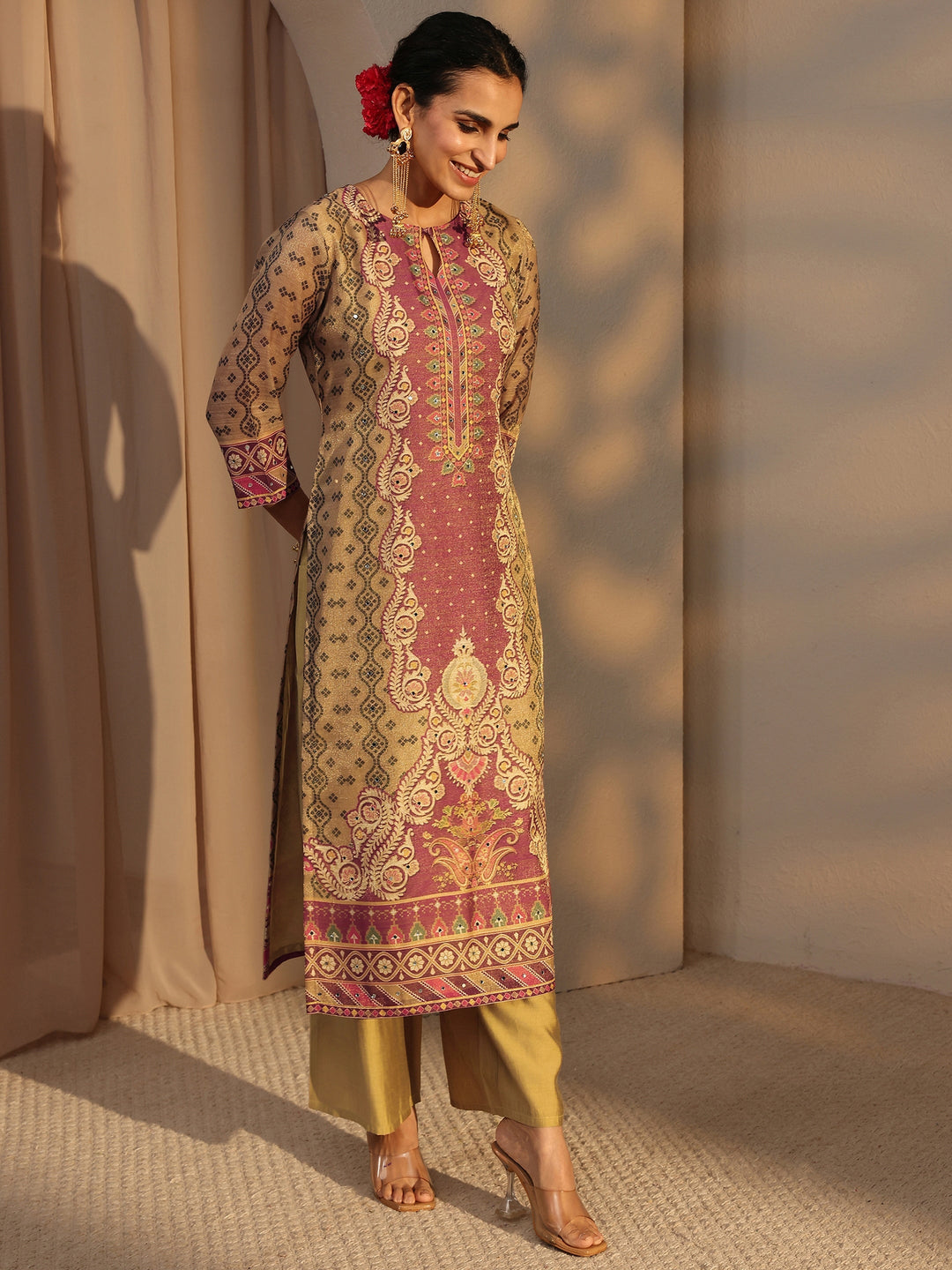 Beige Bandhani Printed Silk Blend Straight Suit Set With Dupatta