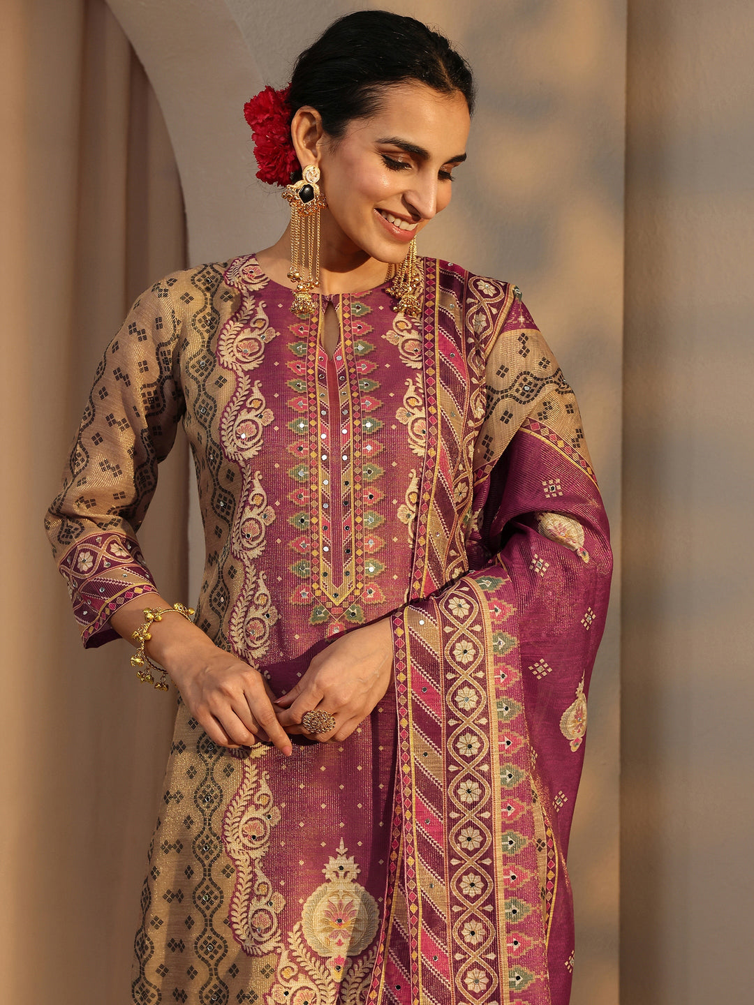 Beige Bandhani Printed Silk Blend Straight Suit Set With Dupatta