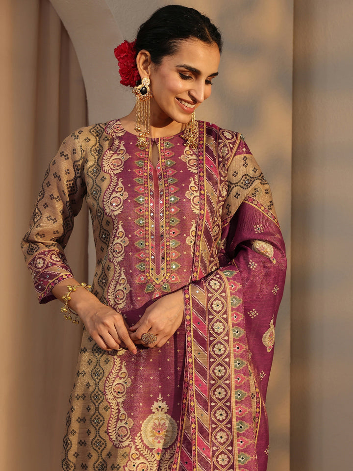 Beige Bandhani Printed Silk Blend Straight Suit Set With Dupatta
