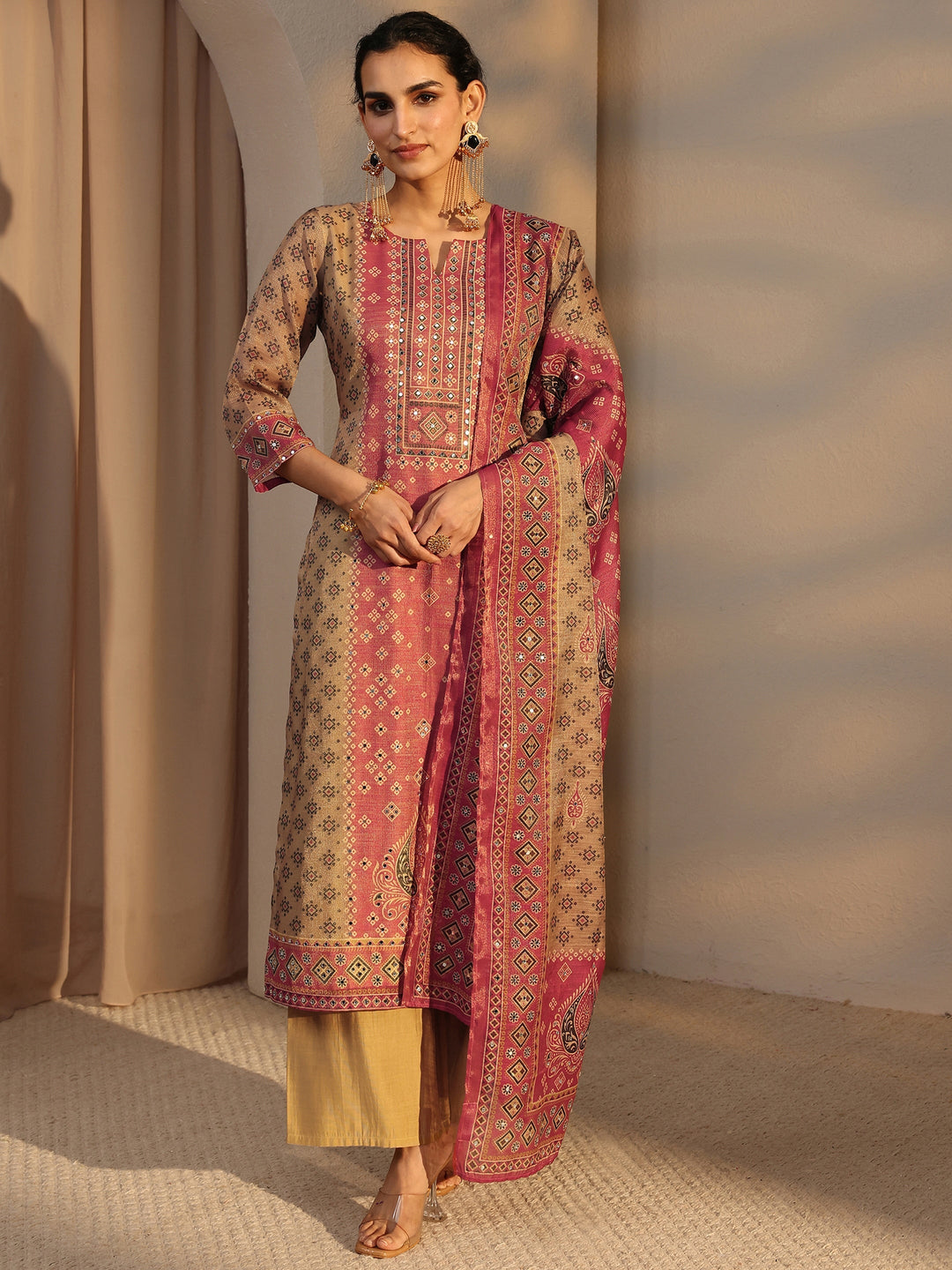 Beige Bandhani Printed Silk Blend Straight Suit Set With Dupatta
