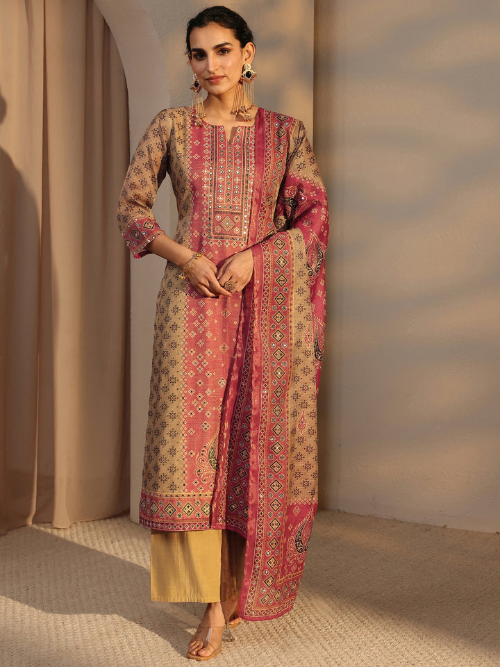 Beige Bandhani Printed Silk Blend Straight Suit Set With Dupatta