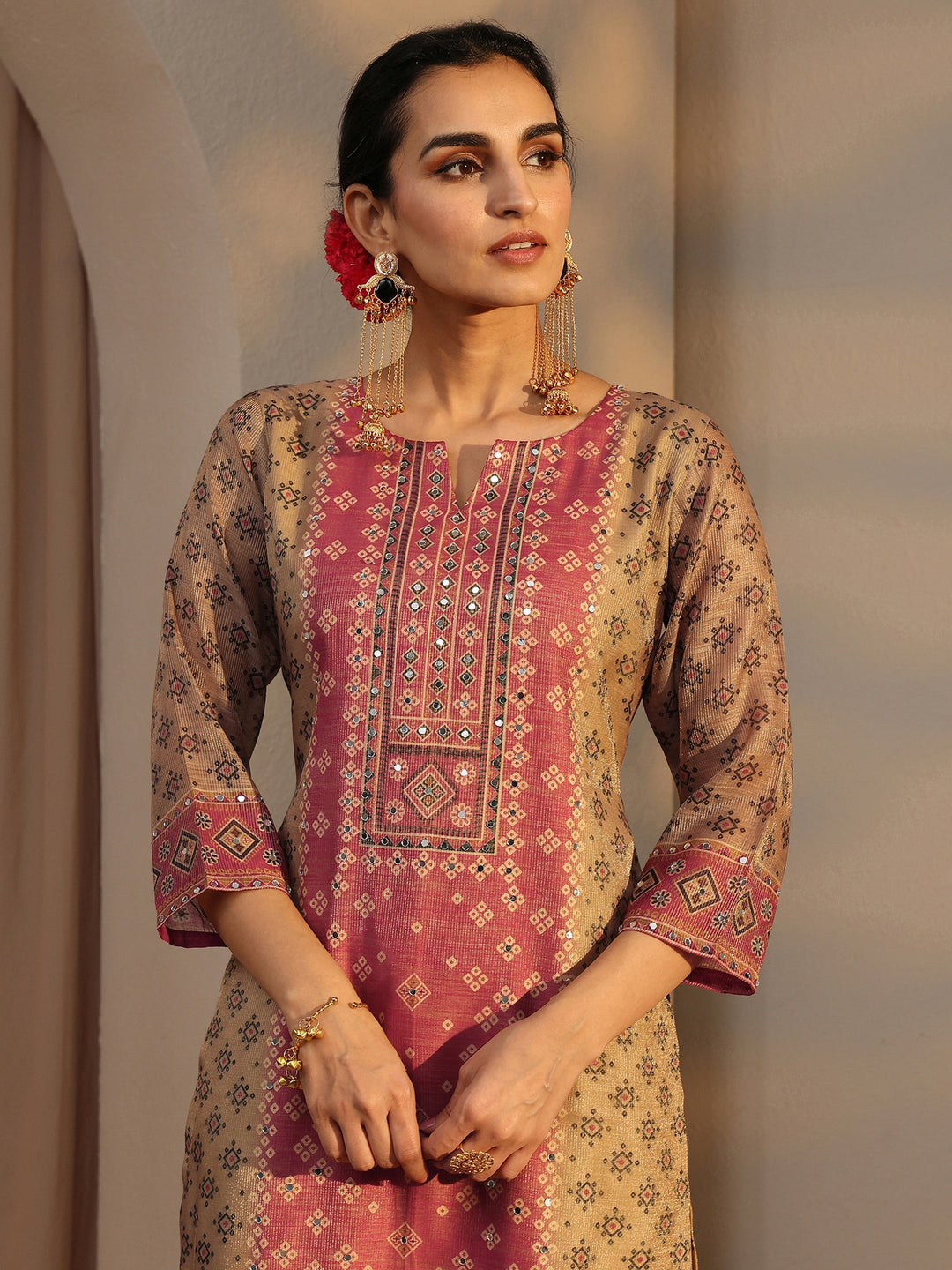 Beige Bandhani Printed Silk Blend Straight Suit Set With Dupatta