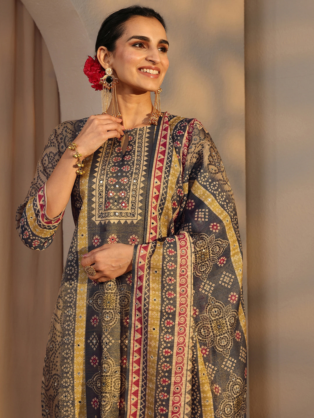 Beige Bandhani Printed Silk Blend Straight Suit Set With Dupatta
