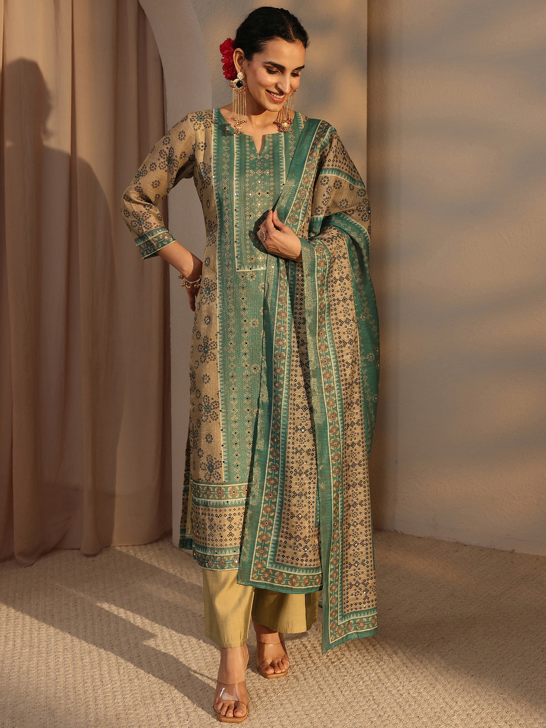 Beige Bandhani Printed Silk Blend Straight Suit Set With Dupatta