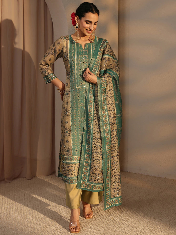 Beige Bandhani Printed Silk Blend Straight Suit Set With Dupatta