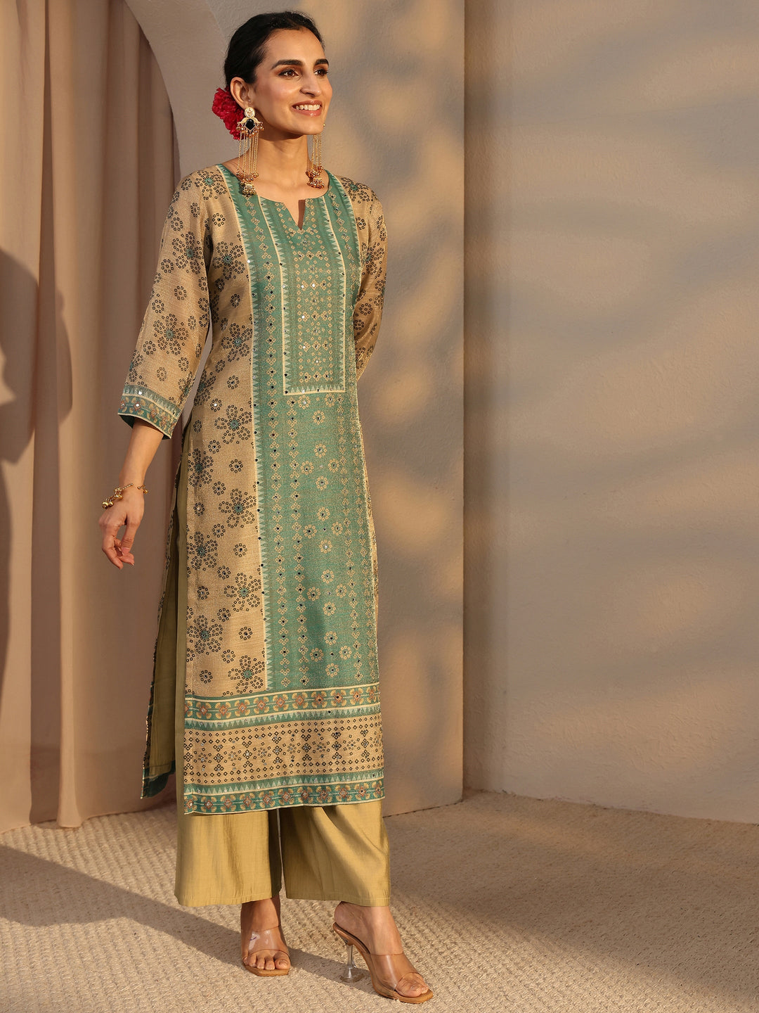 Beige Bandhani Printed Silk Blend Straight Suit Set With Dupatta