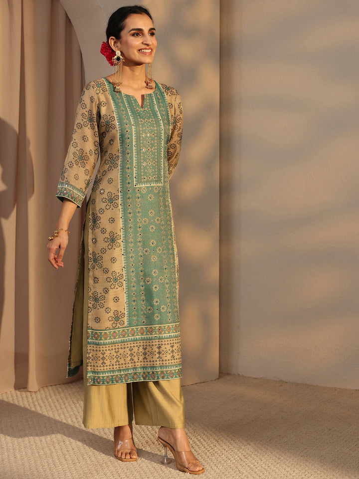 Beige Bandhani Printed Silk Blend Straight Suit Set With Dupatta