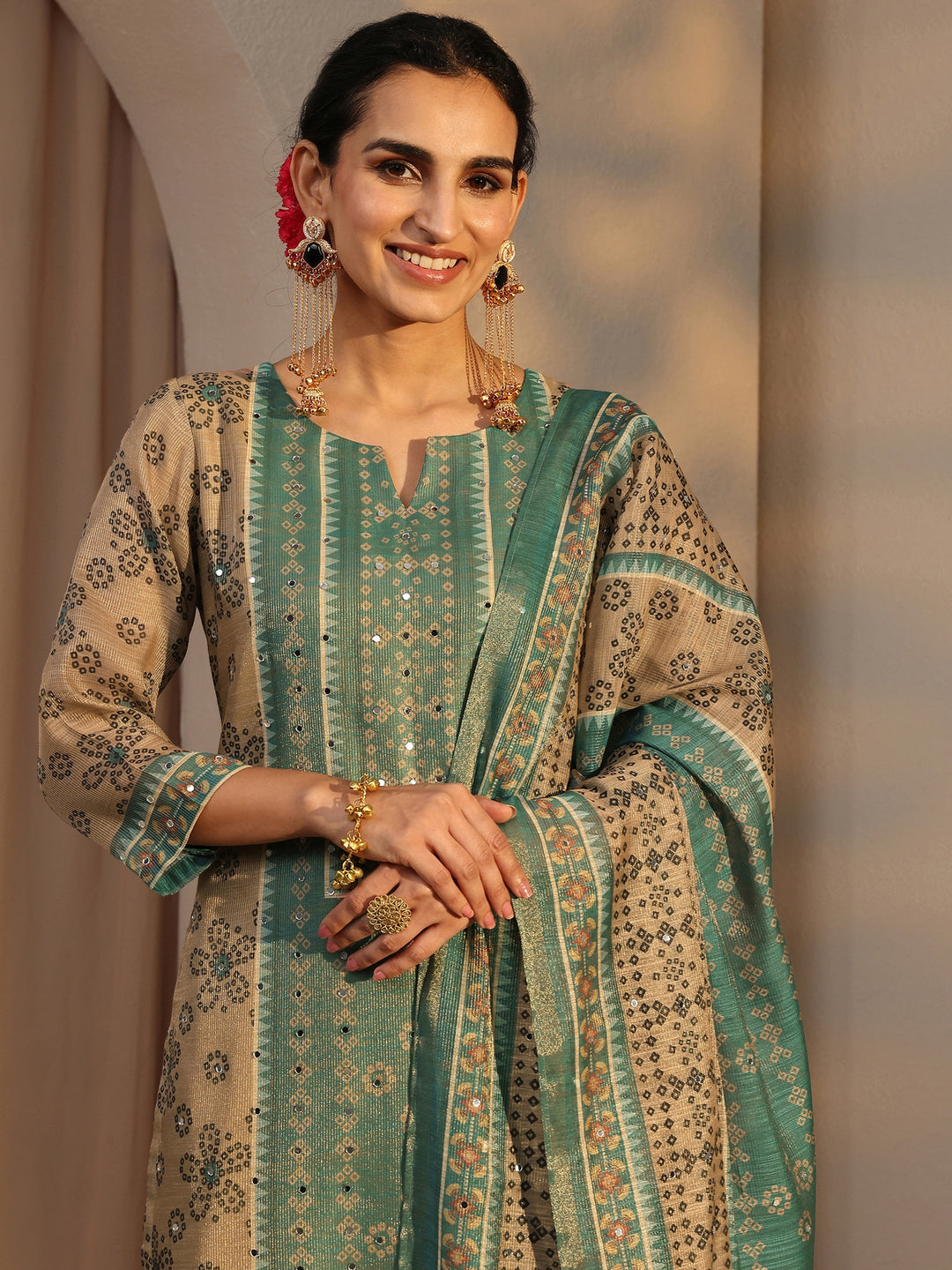 Beige Bandhani Printed Silk Blend Straight Suit Set With Dupatta