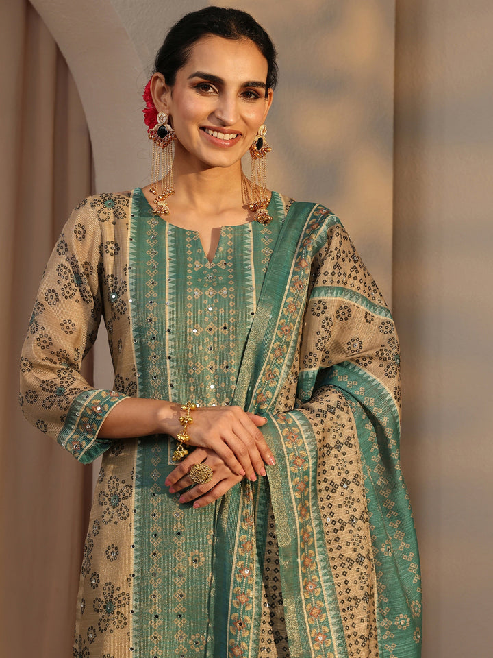 Beige Bandhani Printed Silk Blend Straight Suit Set With Dupatta