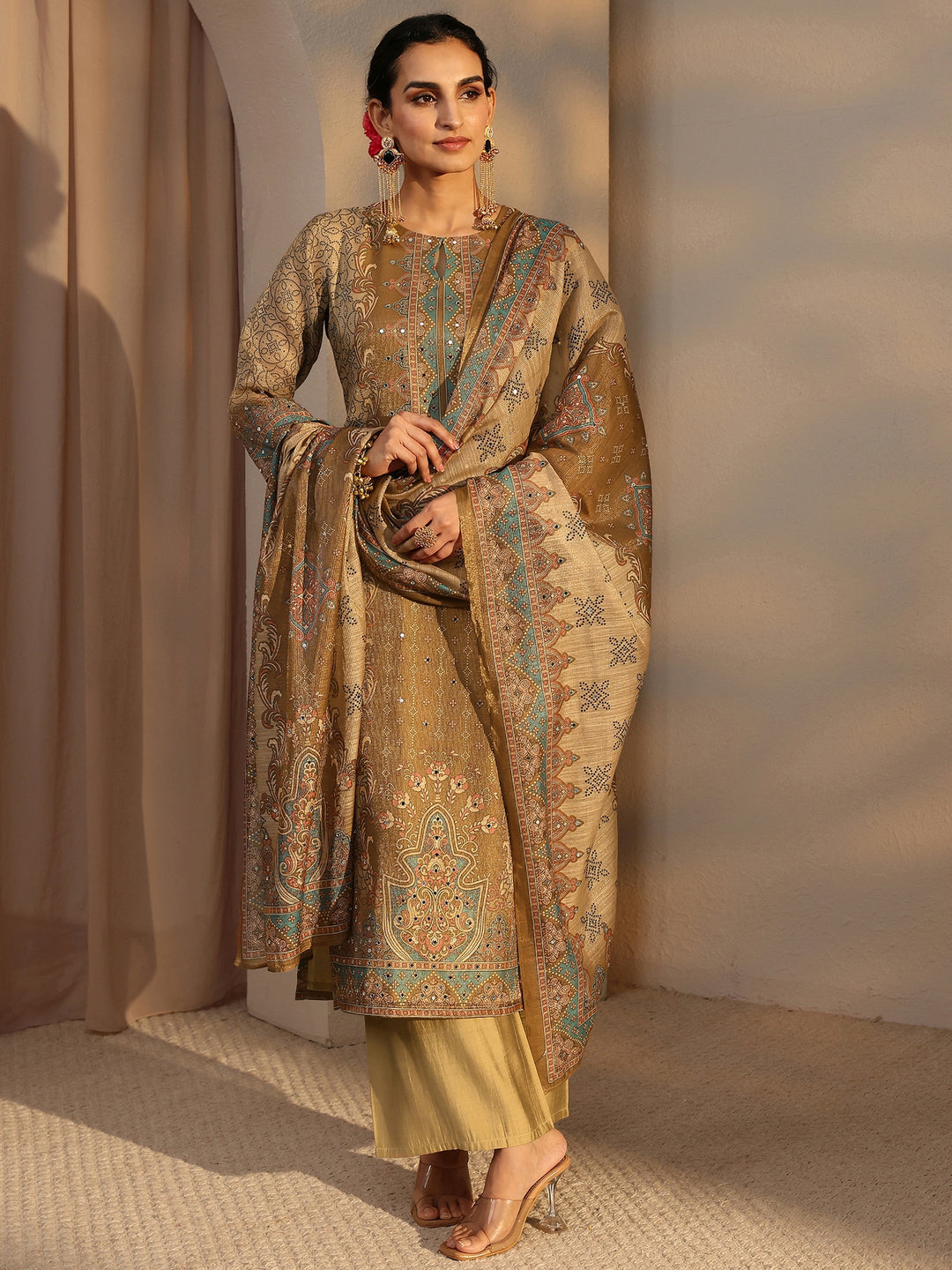 Beige Ethnic Printed Silk Blend Straight Suit Set With Dupatta