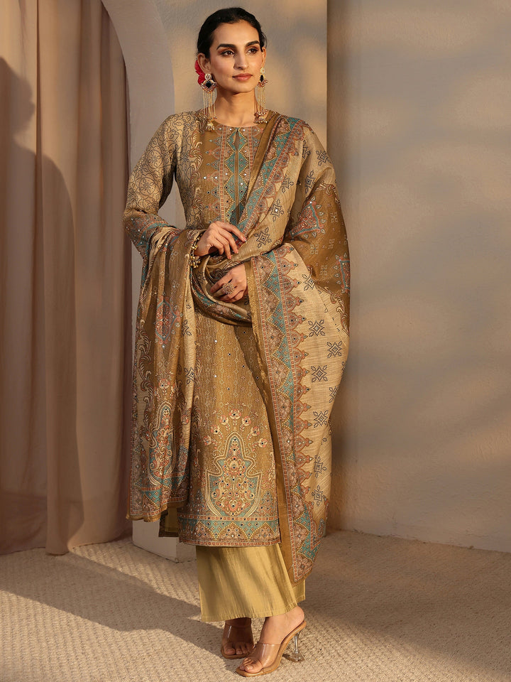 Beige Ethnic Printed Silk Blend Straight Suit Set With Dupatta