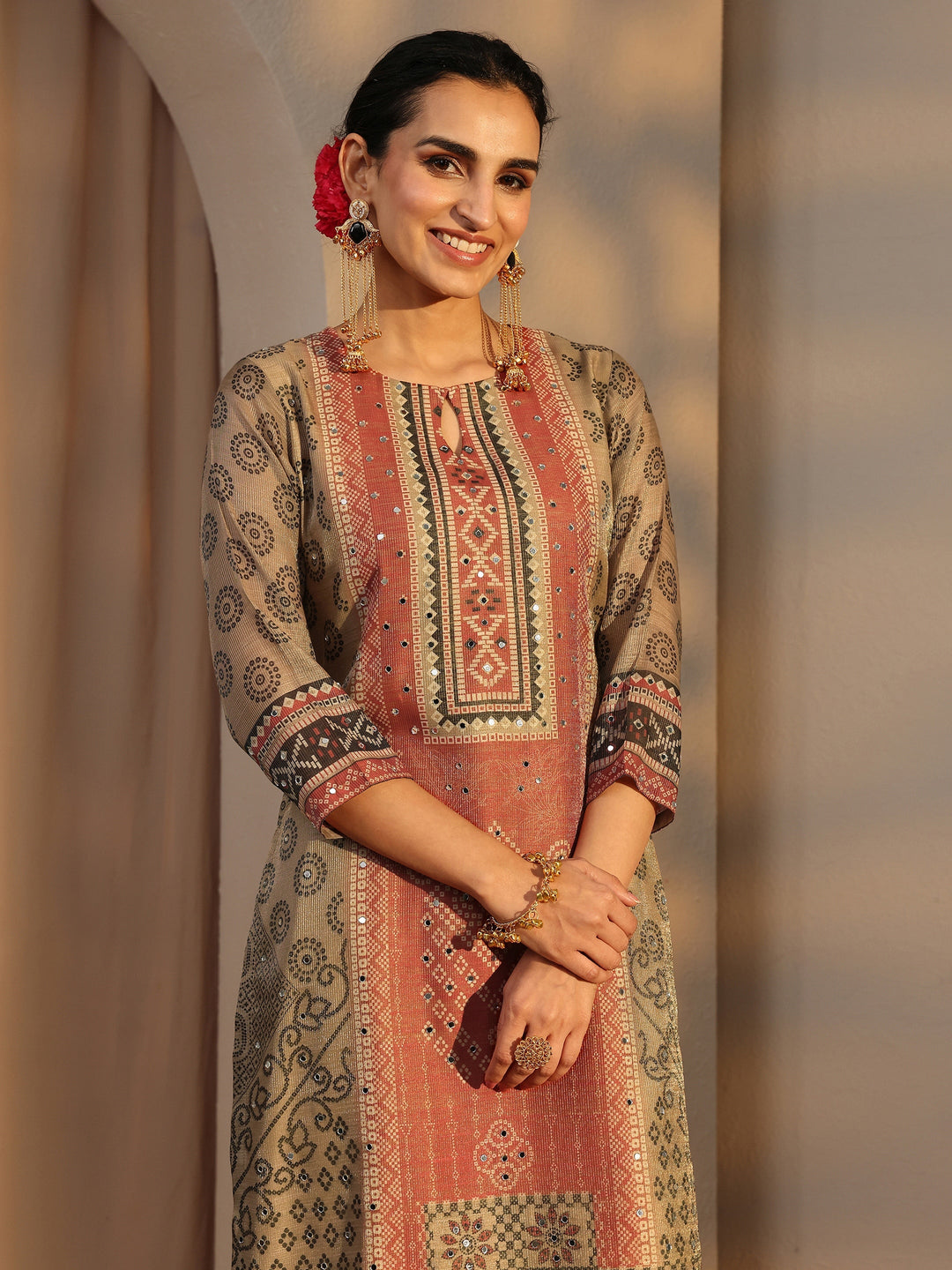 Beige Bandhani Printed Silk Blend Straight Suit Set With Dupatta