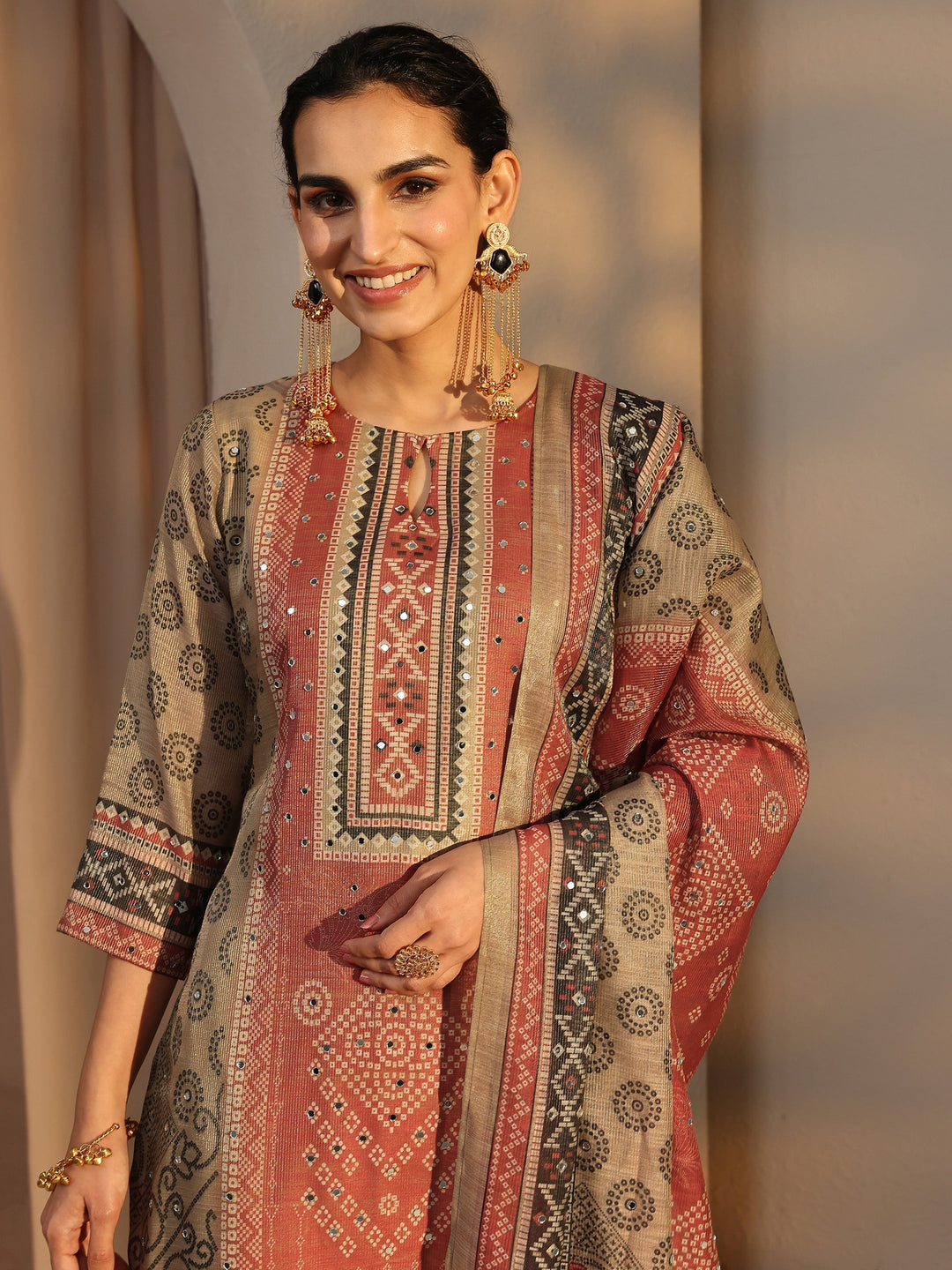 Beige Bandhani Printed Silk Blend Straight Suit Set With Dupatta