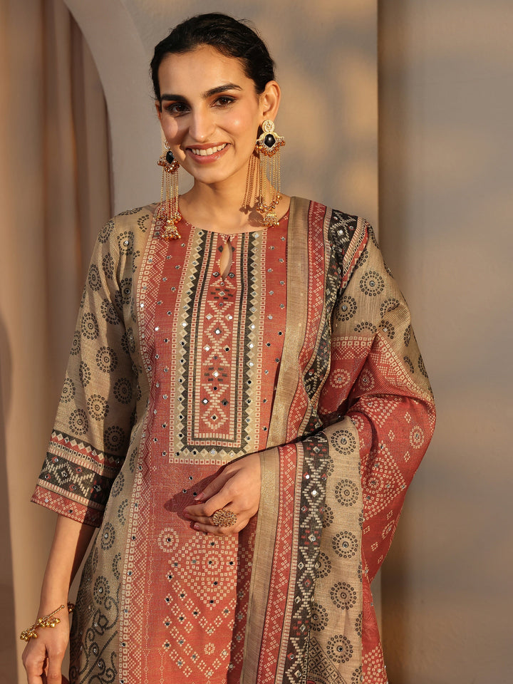 Beige Bandhani Printed Silk Blend Straight Suit Set With Dupatta