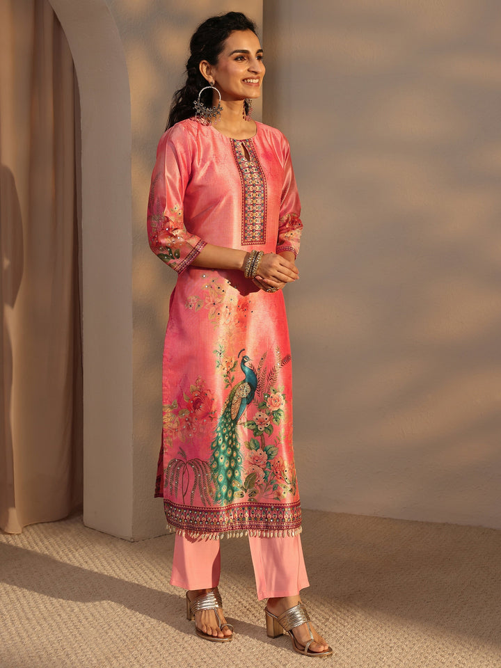 Peach Floral Printed Silk Blend Straight Suit Set With Dupatta