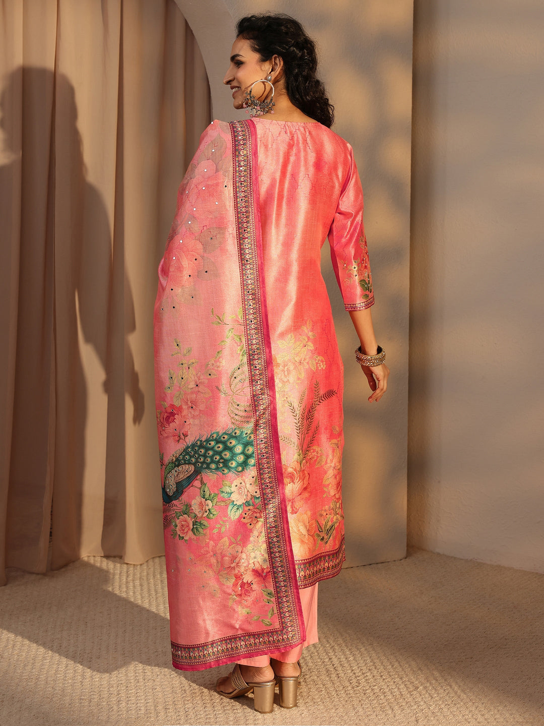 Peach Floral Printed Silk Blend Straight Suit Set With Dupatta
