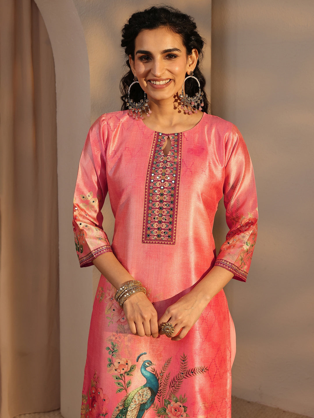 Peach Floral Printed Silk Blend Straight Suit Set With Dupatta