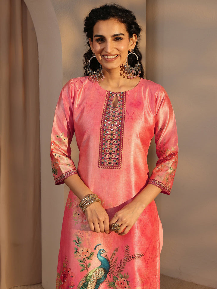 Peach Floral Printed Silk Blend Straight Suit Set With Dupatta