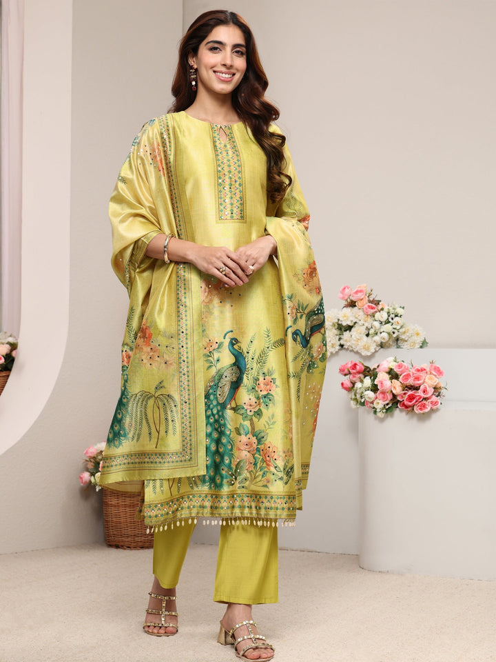 Green Ethnic Printed Silk Blend Straight Suit Set With Dupatta
