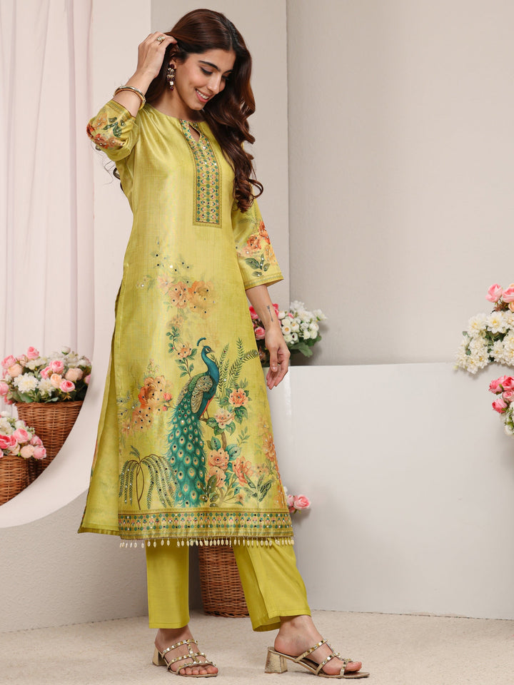 Green Ethnic Printed Silk Blend Straight Suit Set With Dupatta