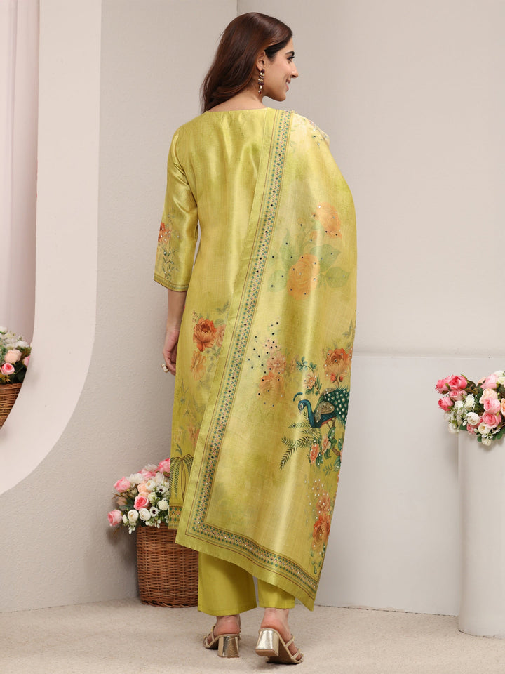 Green Ethnic Printed Silk Blend Straight Suit Set With Dupatta