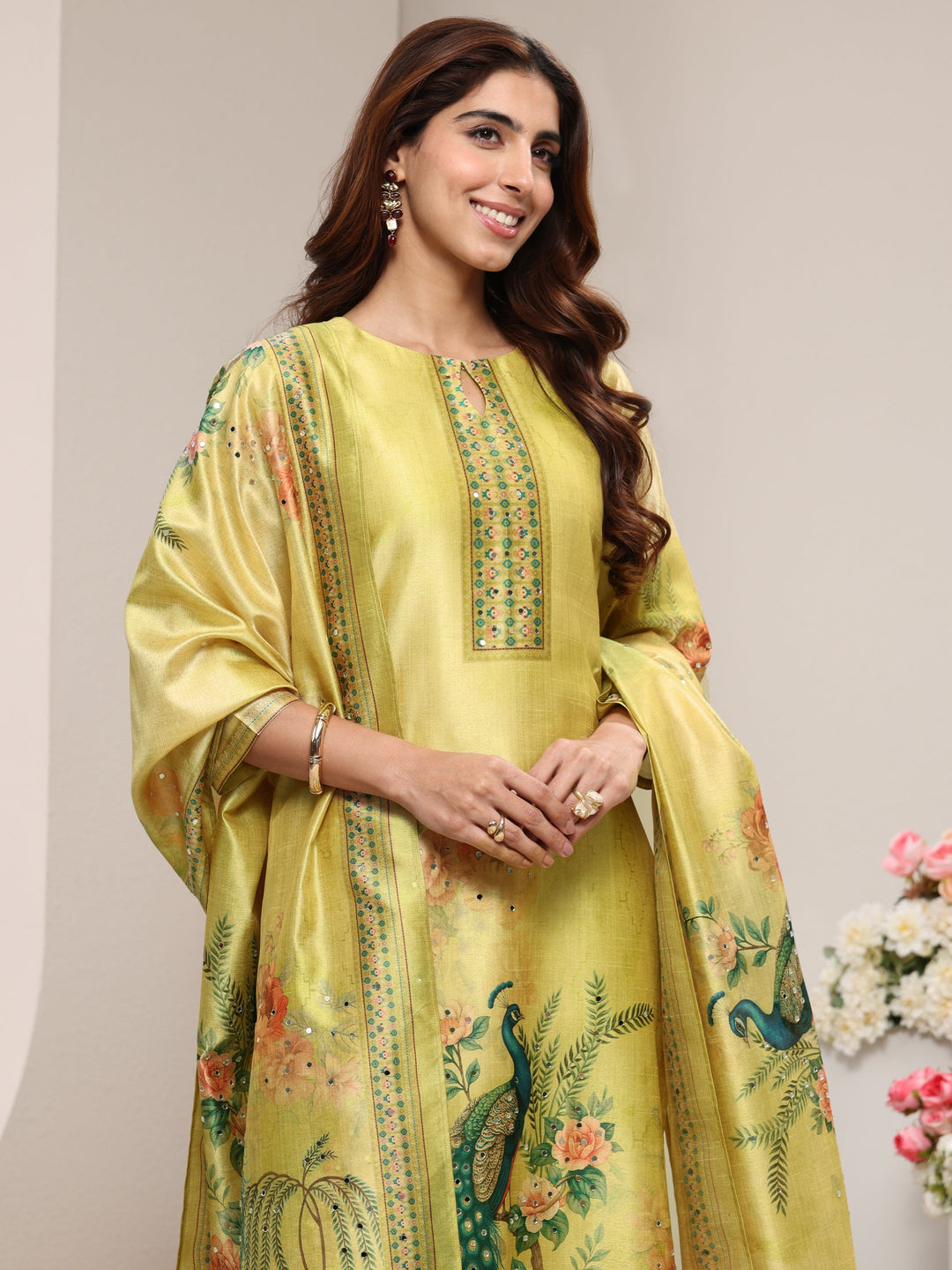 Green Ethnic Printed Silk Blend Straight Suit Set With Dupatta