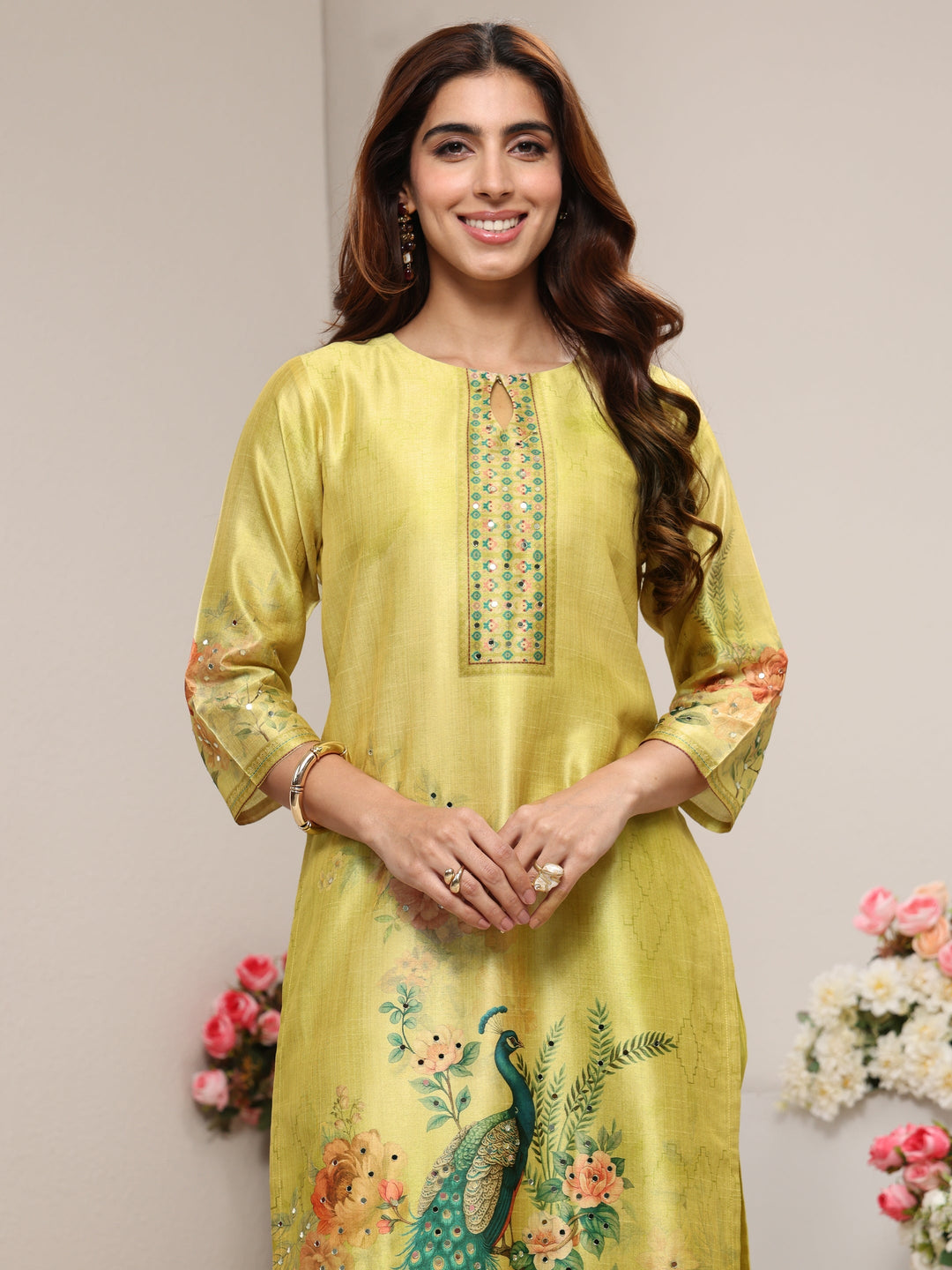 Green Ethnic Printed Silk Blend Straight Suit Set With Dupatta