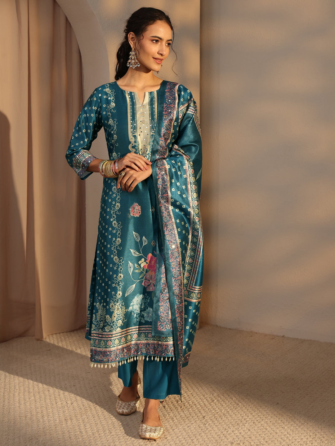 Blue Floral Printed Silk Blend Straight Suit Set With Dupatta